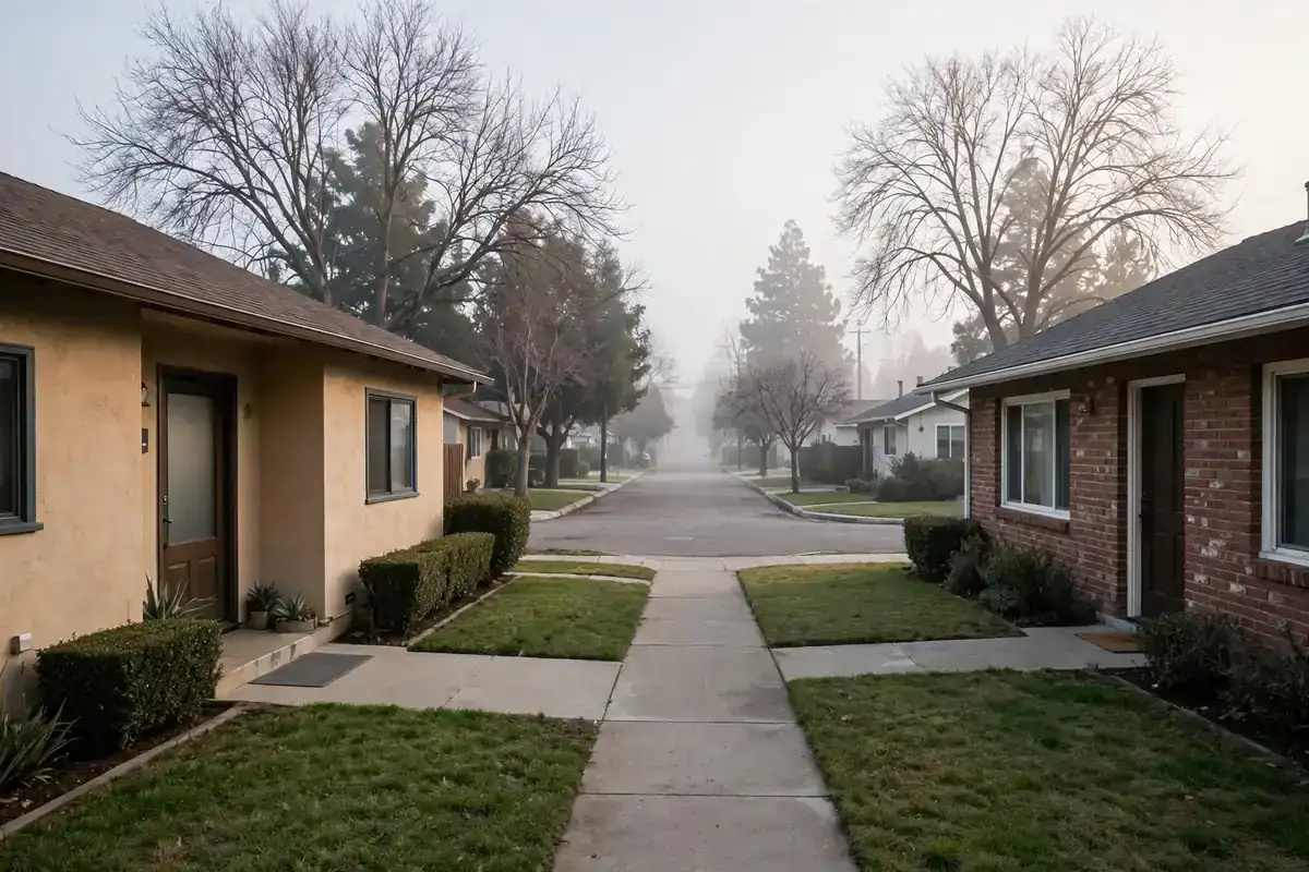 Single-story Central Valley homes on a quiet street with lawns and light fog